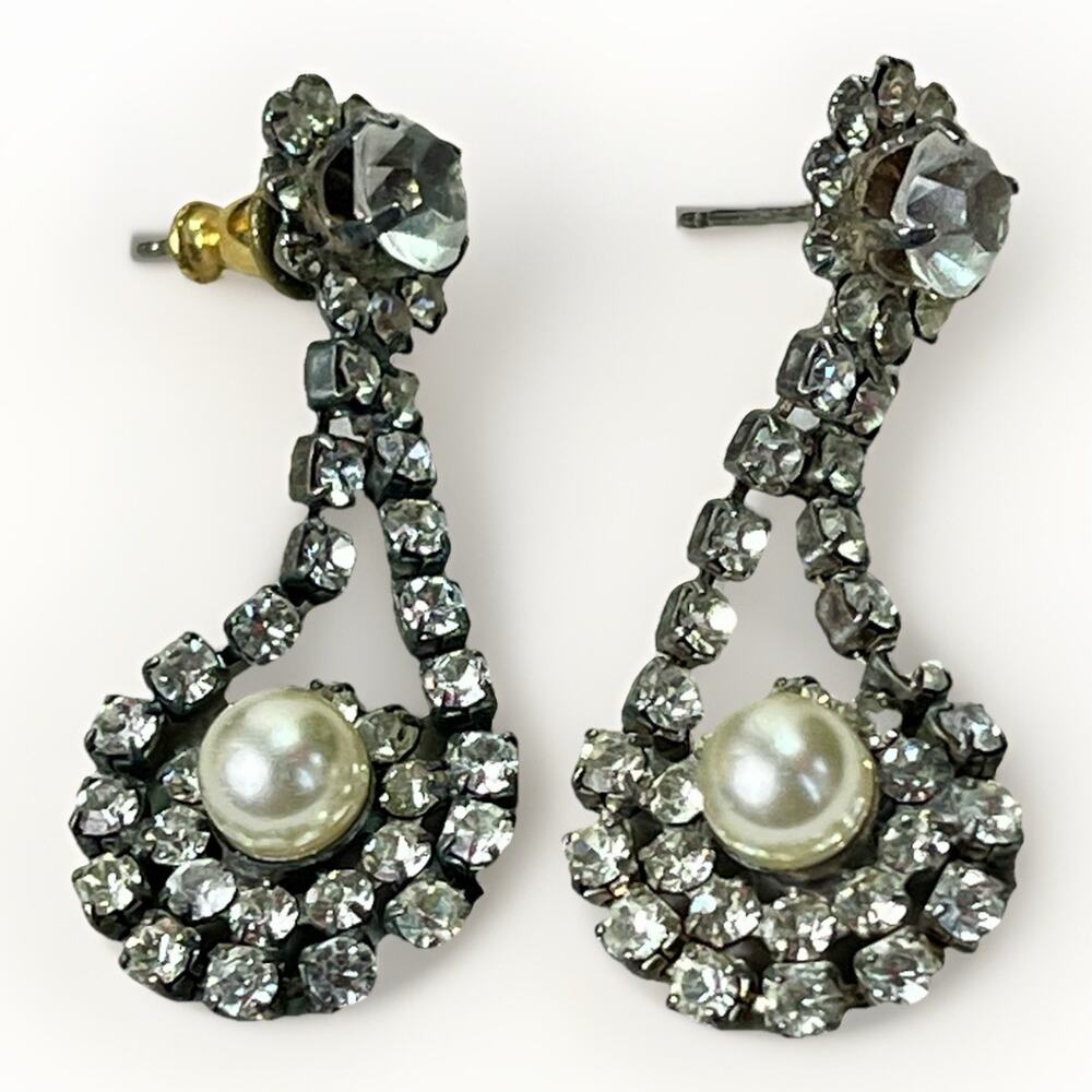 Vintage Rhinestone Faux Pearl Teardrop Drop Dangle Earrings Silver Tone Sparkle